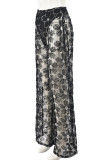 Black Sexy Flowers Patchwork See-Through Loose Mid Waist Wide Leg Patchwork Bottoms