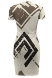 Black Yellow Casual Street Geometric Print Irregular Contrast O Neck Irregular Short Sleeve Dress