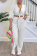 White Street Solid Color Buckle Patchwork Strap Design V Neck Long Sleeve Two Pieces