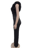 Black Casual Solid Color Patchwork Zipper Stringy Selvedge V Neck Regular Jumpsuits