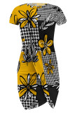 Black Yellow Casual Street Geometric Print Irregular Contrast O Neck Irregular Short Sleeve Dress