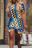 Black Yellow Casual Street Geometric Print Irregular Contrast O Neck Irregular Short Sleeve Dress