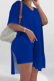 Rose Red Casual Solid Color Patchwork High Slit V Neck Half Sleeve Two Pieces
