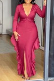 Red Casual Solid Color Slit Deep V Neck Long Dresses