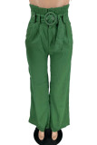 Green Casual Solid Color Patchwork With Belt Loose High Waist Wide Leg Patchwork Bottoms