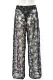 Black Sexy Flowers Patchwork See-Through Loose Mid Waist Wide Leg Patchwork Bottoms