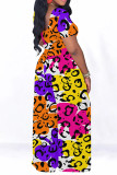 Green Yellow Casual Geometric Print Leopard Print Contrast O Neck Short Sleeve Two Pieces