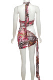 Colour Sexy Print Hollow Out Patchwork Backless Halter Wrapped Skirt Dresses