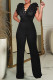 Black Casual Solid Color Patchwork Zipper Stringy Selvedge V Neck Regular Jumpsuits
