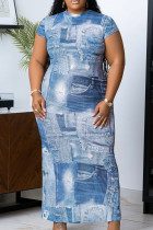 Blue Elegant Print Patchwork O Neck Printed Plus Size Dresses