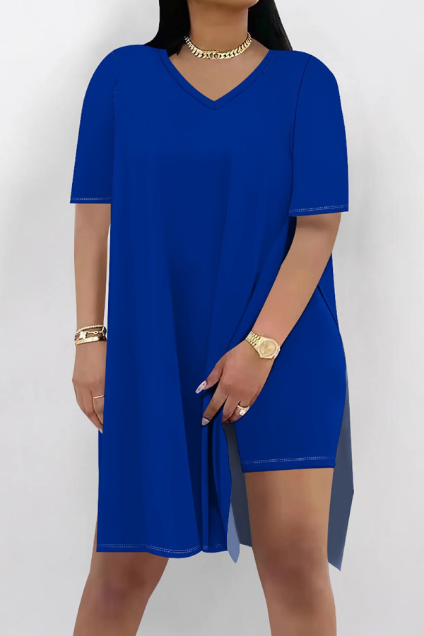 Royal Blue Casual Solid Color Patchwork High Slit V Neck Half Sleeve Two Pieces