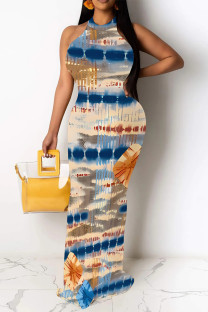Multicolor Sexy Graffiti Print Contrast O Neck One Step Skirt Dresses