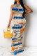 Multicolor Sexy Graffiti Print Contrast O Neck One Step Skirt Dresses