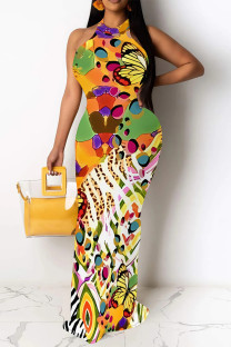 Orange Yellow Sexy Graffiti Print Contrast O Neck One Step Skirt Dresses
