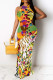 Orange Yellow Sexy Graffiti Print Contrast O Neck One Step Skirt Dresses