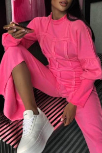 Rose Red Casual Solid Color Patchwork Slit O Neck Long Sleeve Two Pieces