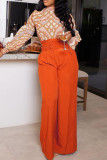 Green Casual Solid Color Patchwork With Belt Loose High Waist Wide Leg Patchwork Bottoms