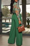 Green Casual Solid Color Patchwork With Belt Loose High Waist Wide Leg Patchwork Bottoms