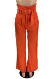 Green Casual Solid Color Patchwork With Belt Loose High Waist Wide Leg Patchwork Bottoms