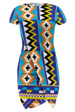 Black Yellow Casual Street Geometric Print Irregular Contrast O Neck Irregular Short Sleeve Dress