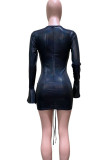 Black Sexy Solid Color Sequins Draw String Patchwork Zipper Deep V Neck Wrapped Skirt Dresses