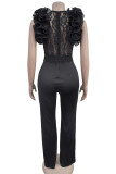 Black Casual Solid Color Patchwork Zipper Stringy Selvedge V Neck Regular Jumpsuits
