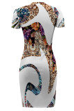 Black Yellow Casual Street Geometric Print Irregular Contrast O Neck Irregular Short Sleeve Dress