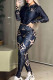 Black Street Print Patchwork Zipper Hooded Long Sleeve Two Pieces