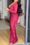 Red Casual Solid Color Slit Deep V Neck Long Dresses