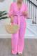 Rose Red Street Solid Color Buckle Patchwork Strap Design V Neck Long Sleeve Two Pieces