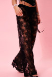 Black Sexy Flowers Patchwork See-Through Loose Mid Waist Wide Leg Patchwork Bottoms