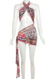 Colour Sexy Print Hollow Out Patchwork Backless Halter Wrapped Skirt Dresses