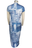 Blue Elegant Print Patchwork O Neck Printed Plus Size Dresses