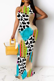Leopard Print Sexy Graffiti Print Contrast O Neck One Step Skirt Dresses