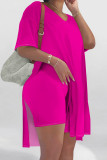 Rose Red Casual Solid Color Patchwork High Slit V Neck Half Sleeve Two Pieces