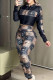 Black Street Print Patchwork Zipper Hooded Long Sleeve Two Pieces