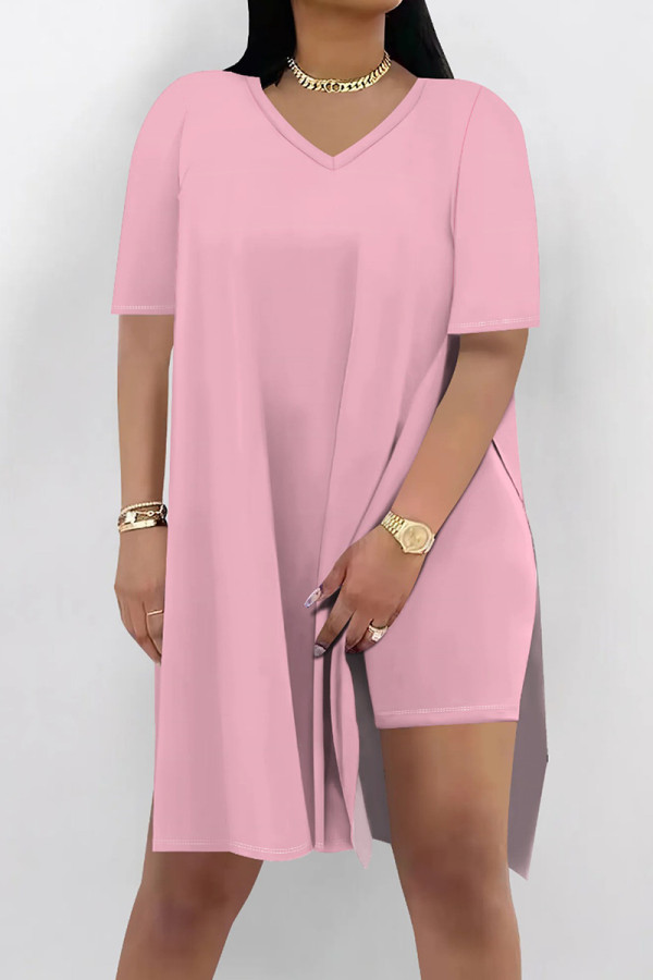Pink Casual Solid Color Patchwork High Slit V Neck Half Sleeve Two Pieces