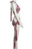 Colour Sexy Print Hollow Out Patchwork Backless Halter Wrapped Skirt Dresses