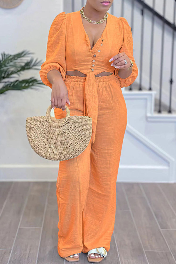 Tangerine Red Street Solid Color Buckle Patchwork Strap Design V Neck Long Sleeve Two Pieces