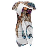Black Yellow Casual Street Geometric Print Irregular Contrast O Neck Irregular Short Sleeve Dress