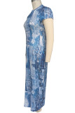 Blue Elegant Print Patchwork O Neck Printed Plus Size Dresses