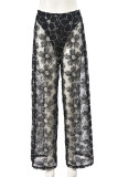 Black Sexy Flowers Patchwork See-Through Loose Mid Waist Wide Leg Patchwork Bottoms