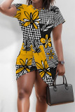 Black Yellow Casual Street Geometric Print Irregular Contrast O Neck Irregular Short Sleeve Dress
