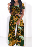 Green Yellow Casual Geometric Print Leopard Print Contrast O Neck Short Sleeve Two Pieces