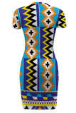Black Yellow Casual Street Geometric Print Irregular Contrast O Neck Irregular Short Sleeve Dress
