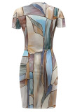 Black Yellow Casual Street Geometric Print Irregular Contrast O Neck Irregular Short Sleeve Dress