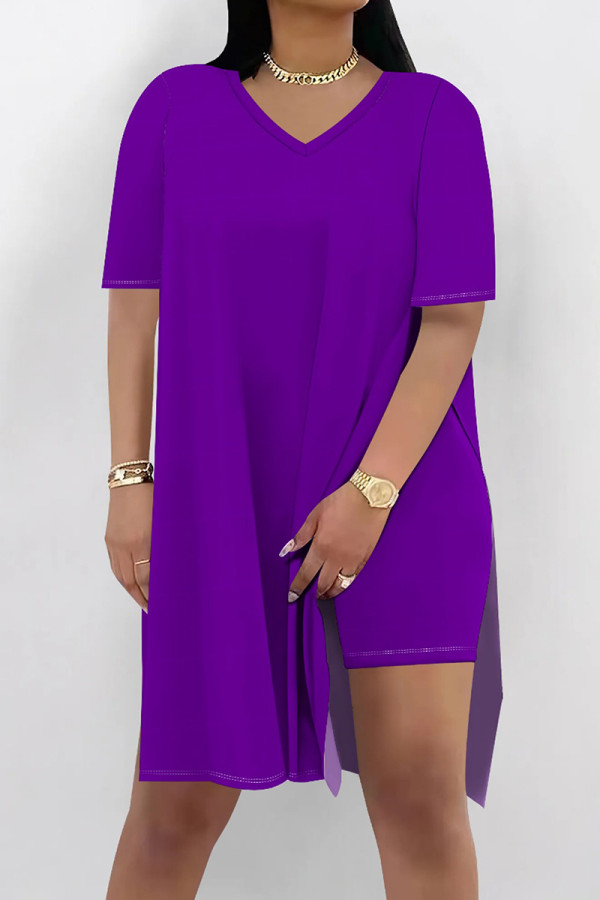 Purple Casual Solid Color Patchwork High Slit V Neck Half Sleeve Two Pieces