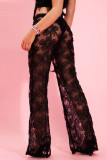Black Sexy Flowers Patchwork See-Through Loose Mid Waist Wide Leg Patchwork Bottoms