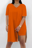 Rose Red Casual Solid Color Patchwork High Slit V Neck Half Sleeve Two Pieces
