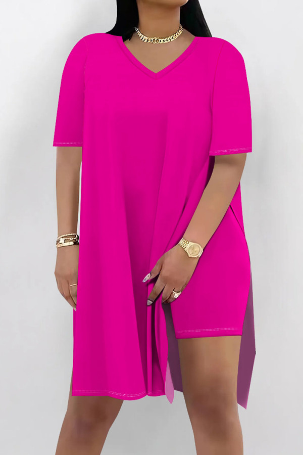 Rose Red Casual Solid Color Patchwork High Slit V Neck Half Sleeve Two Pieces